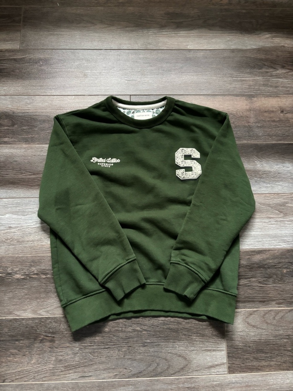 Cactus boys Crewneck Sweatshirt - Olive Green with White 'S' Patch
